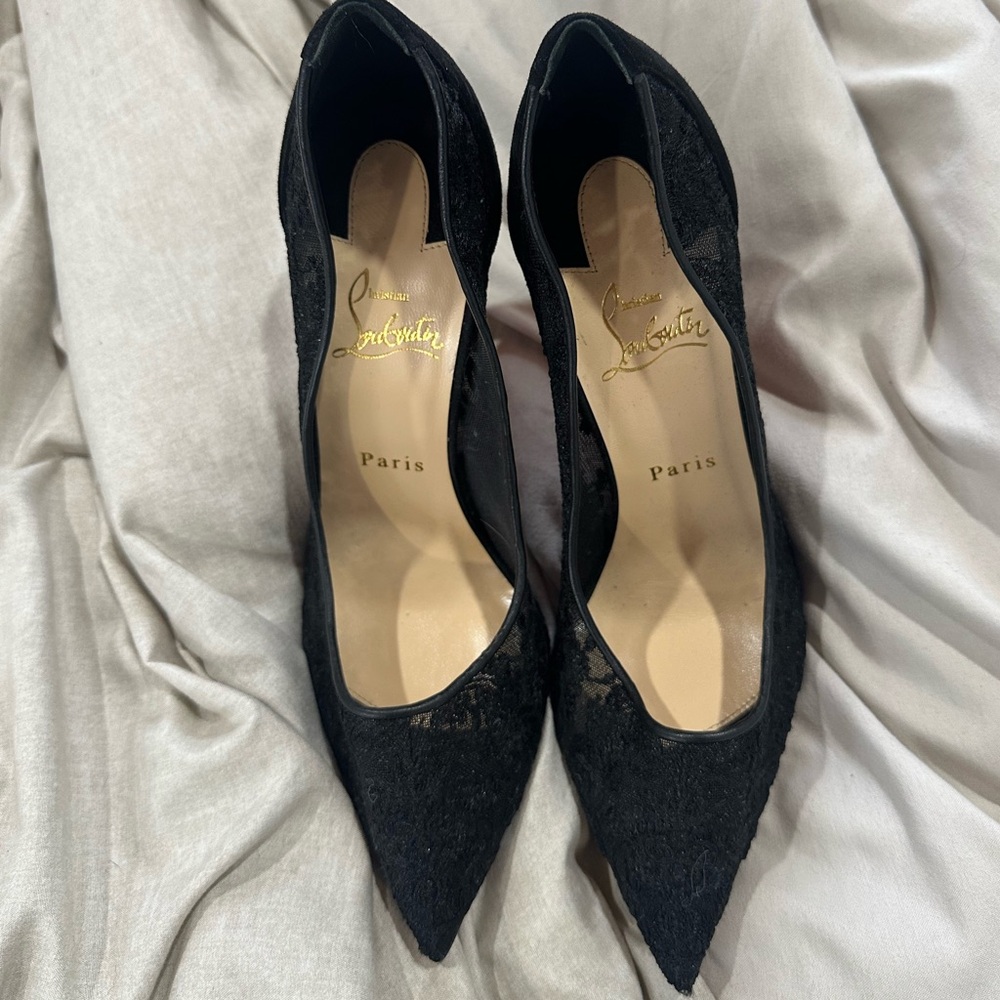 Christian Louboutin Black Lace Pointed-Toe Red Sole Pumps - Picture 11 of 11